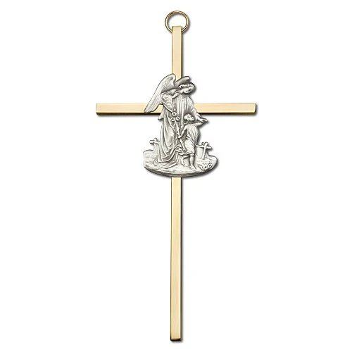 Guardian Angel Brass Wall Cross - 6"