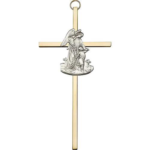 Guardian Angel Brass Wall Cross - 6" - Image 2