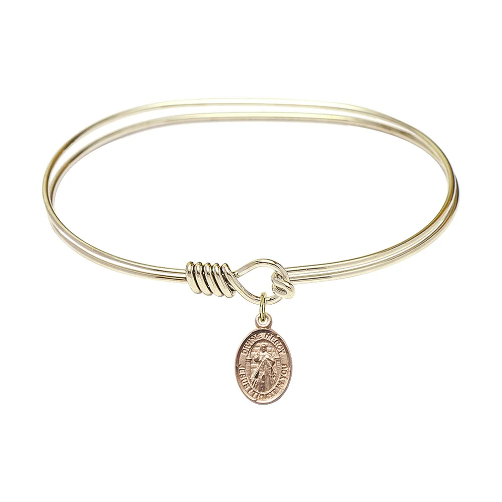Adult 7" Oval Gold Plated Bangle Bracelet with Divine Mercy Charm