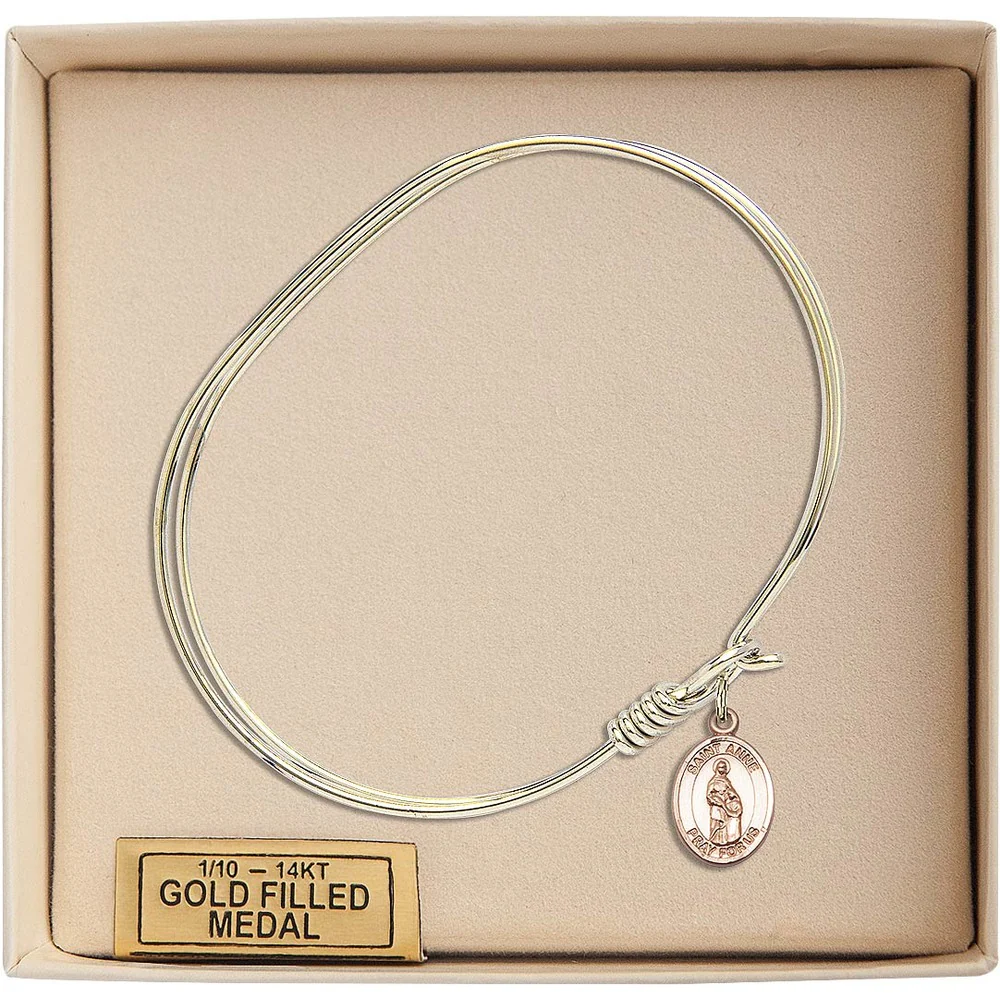 Adult 7" Oval Gold Plated Bangle Bracelet with St. Anne Medal Charm - Image 3
