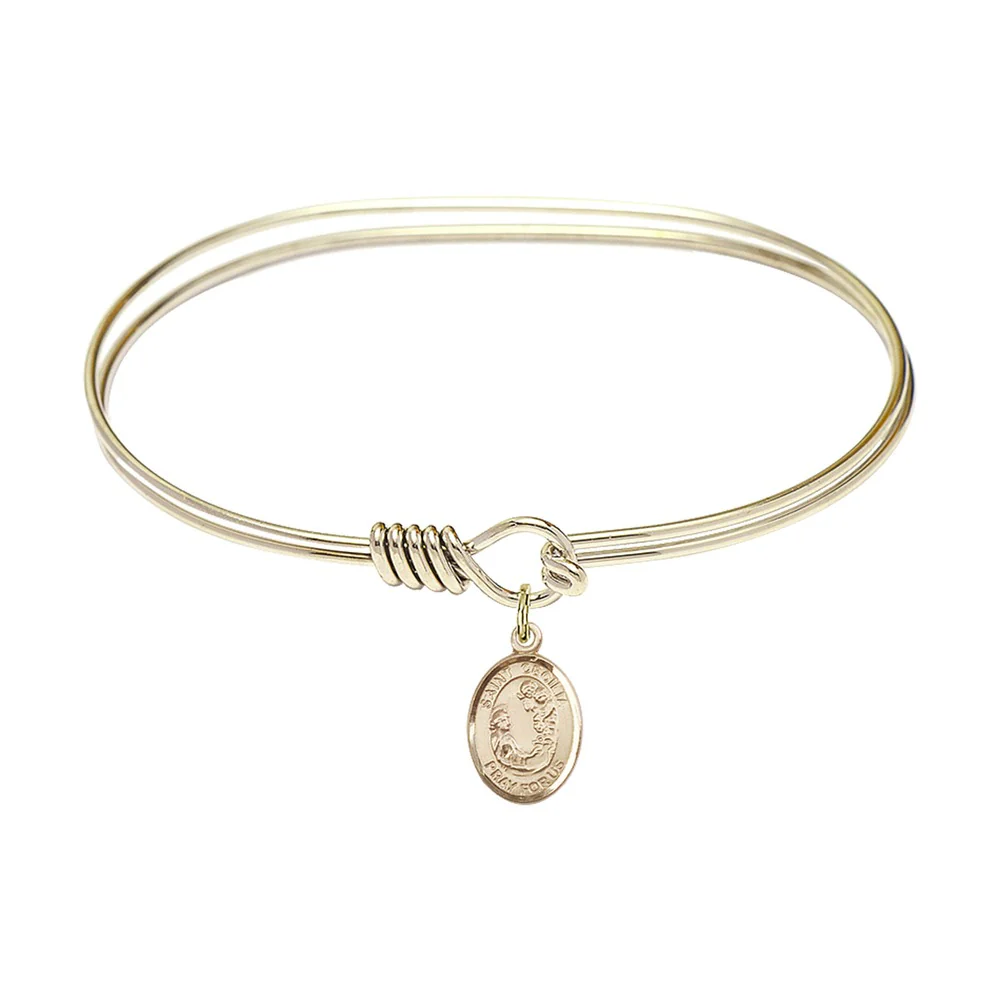 Adult 7" Oval Gold Plated Bangle Bracelet with St. Cecilia Medal Charm - Image 2