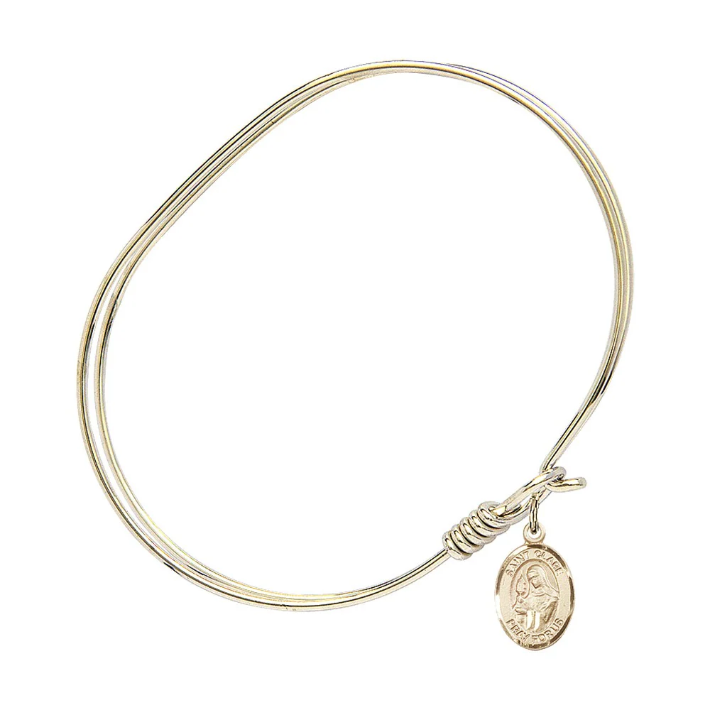 Adult 7" Oval Gold Plated Bangle Bracelet with St. Clare of Assisi Medal Charm - Image 2