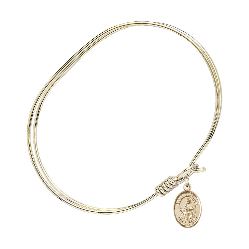 Adult 7" Oval Gold Plated Bangle Bracelet with St. Dymphna Medal Charm - Image 2
