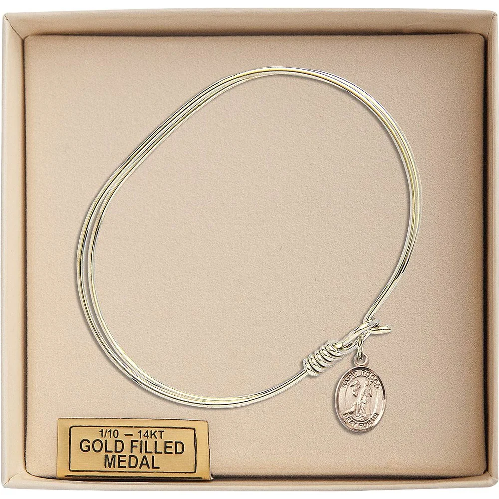 Adult 7" Oval Gold Plated Bangle Bracelet with St. Rocco Medal Charm - Image 3
