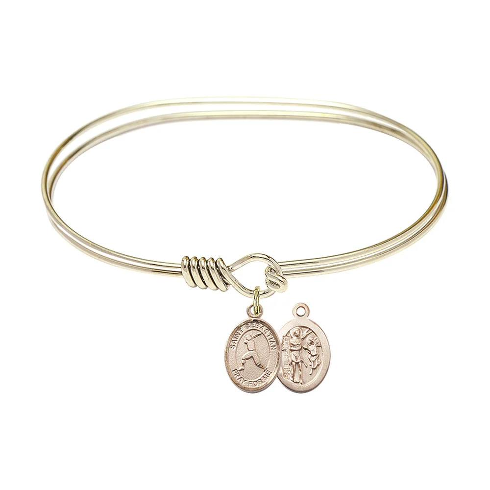 Adult 7" Oval Gold Plated Bangle Bracelet with St. Sebastian/Baseball Medal Charm
