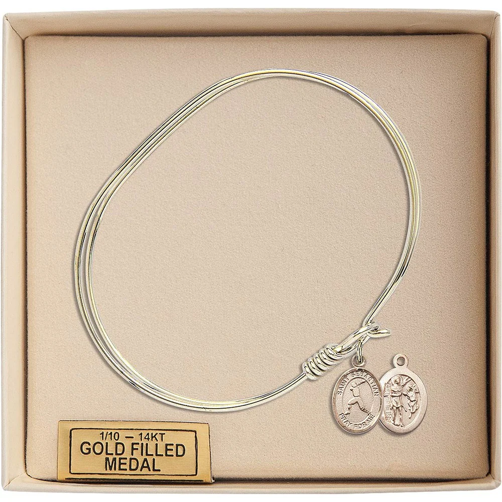 Adult 7" Oval Gold Plated Bangle Bracelet with St. Sebastian/Baseball Medal Charm - Image 3