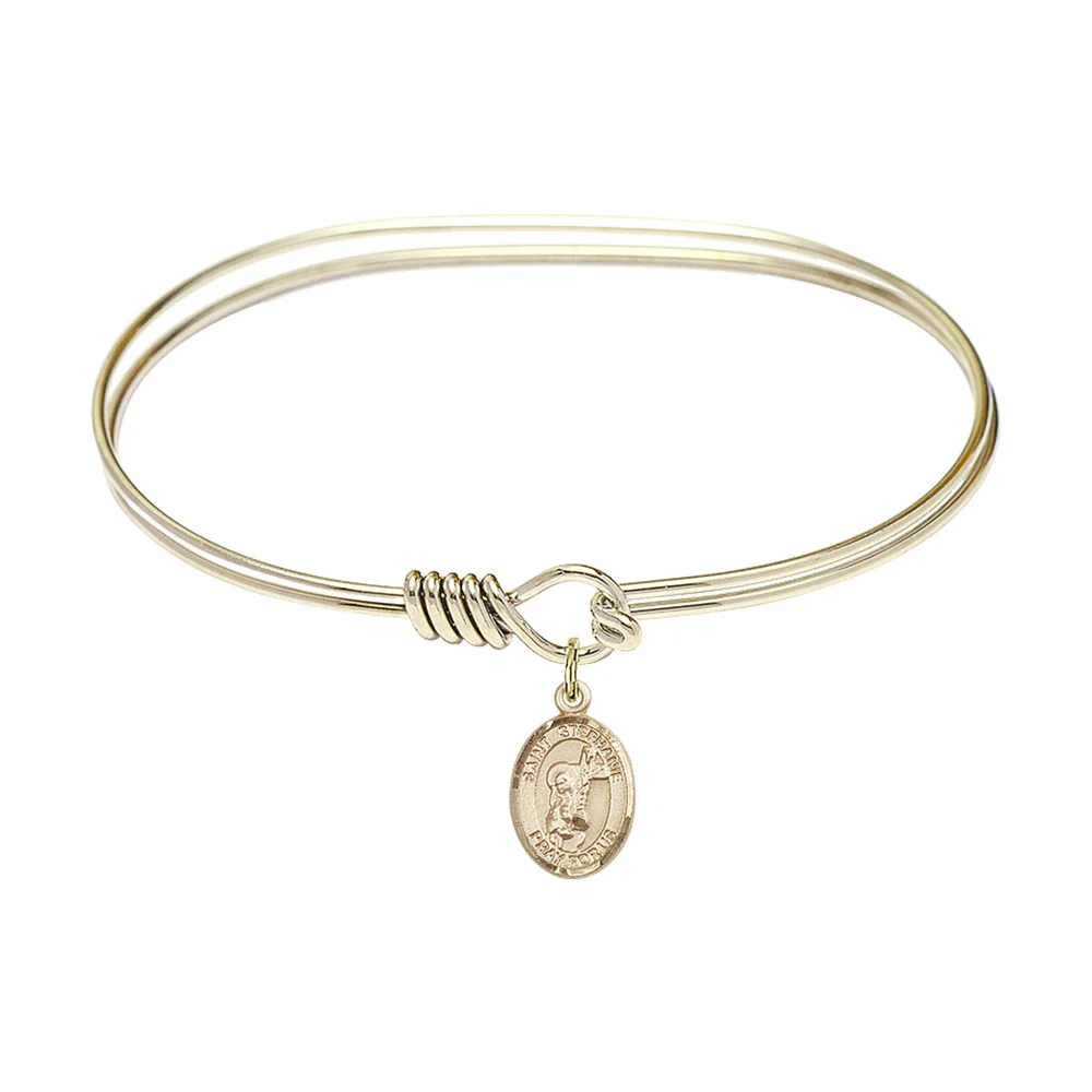 Adult 7" Oval Gold Plated Bangle Bracelet with St. Stephanie Medal Charm - Image 2
