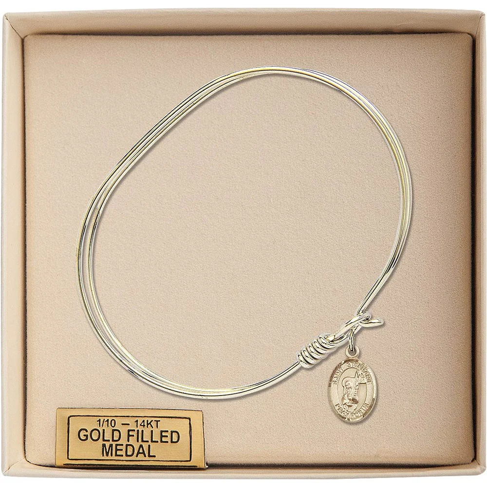 Adult 7" Oval Gold Plated Bangle Bracelet with St. Stephanie Medal Charm - Image 3