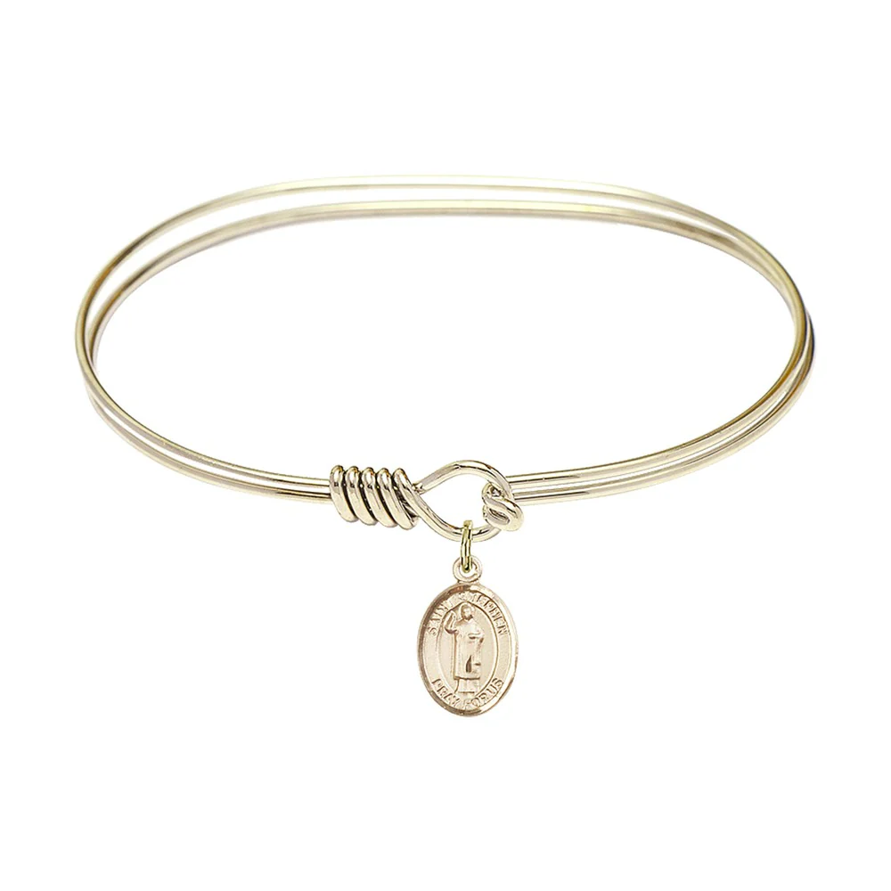 Adult 7" Oval Gold Plated Bangle Bracelet with St. Stephen the Martyr Medal Charm - Image 2