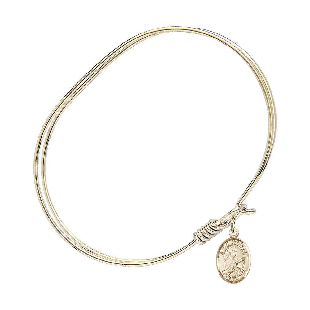 Adult 7" Oval Gold Plated Bangle Bracelet with St. Theresa Medal Charm - Image 2