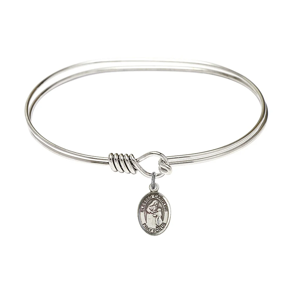 Adult 7" Oval Rhodium Plated Bangle Bracelet with Blessed Caroline Gerhardinger Medal Charm
