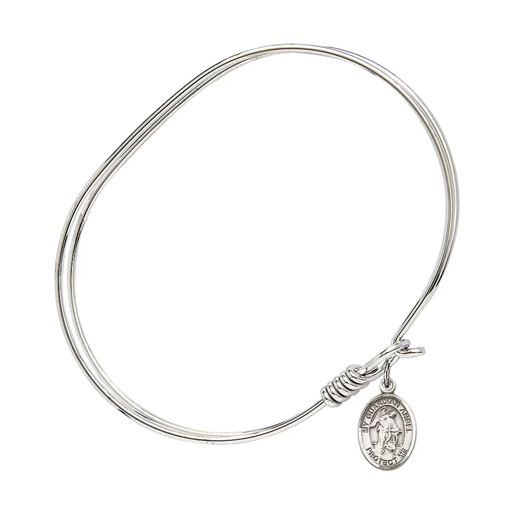 Adult 7" Oval Rhodium Plated Bangle Bracelet with Guardian Angel w/Child Charm - Image 2