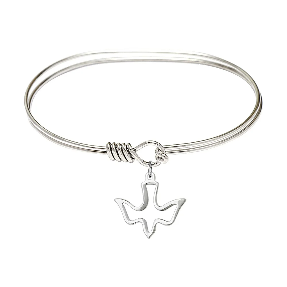 Adult 7" Oval Rhodium Plated Bangle Bracelet with Holy Spirit Charm - 2555641