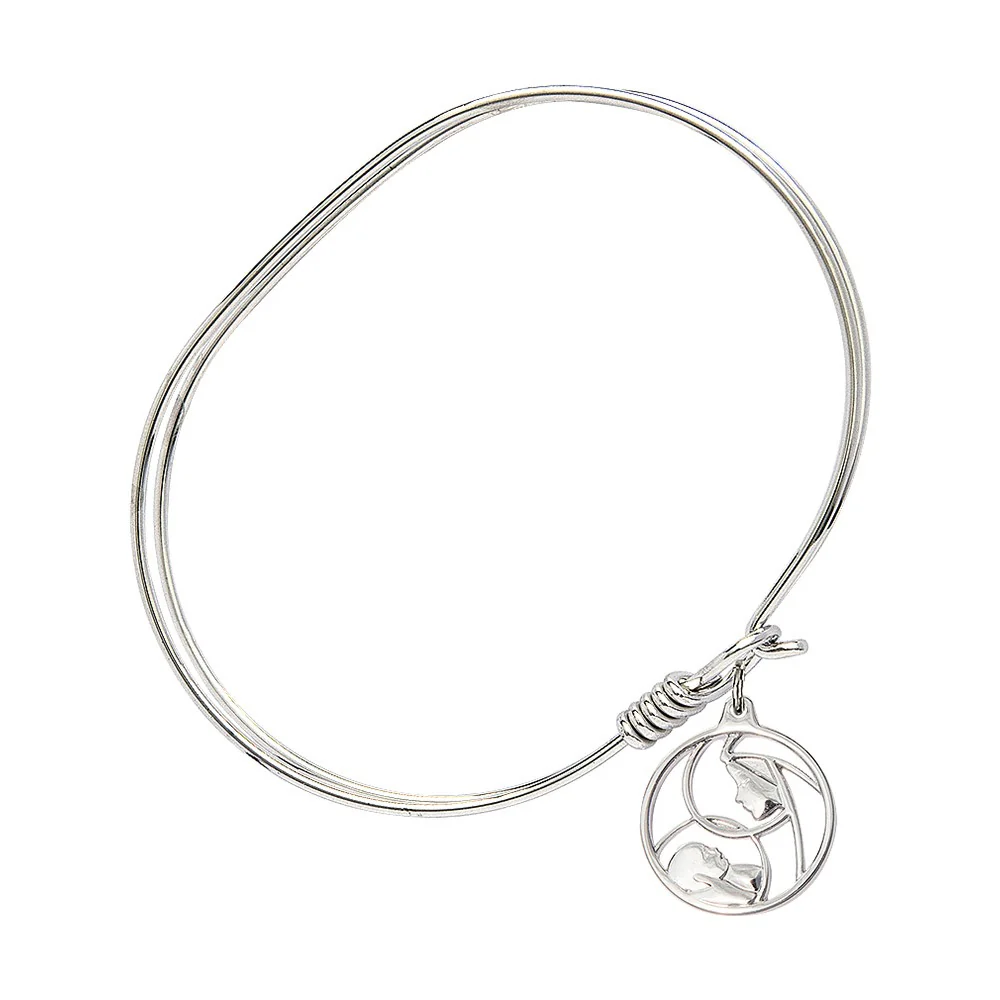 Adult 7" Oval Rhodium Plated Bangle Bracelet with Madonna and Child Charm - Image 2