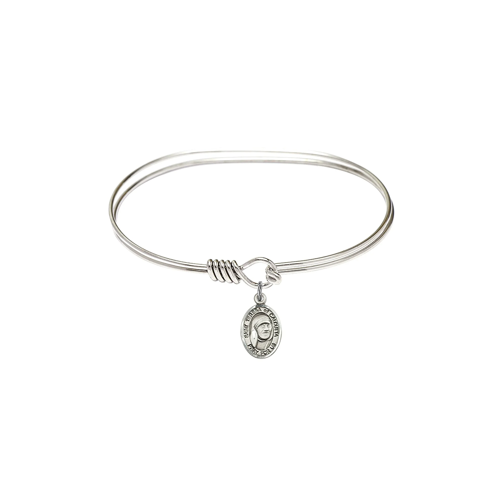 Adult 7" Oval Rhodium Plated Bangle Bracelet with Saint Teresa of Calcutta Medal Charm