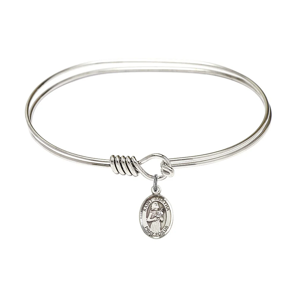 Adult 7" Oval Rhodium Plated Bangle Bracelet with St. Agatha Medal Charm
