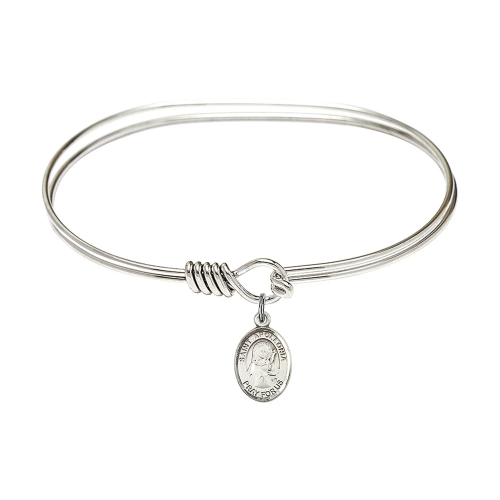 Adult 7" Oval Rhodium Plated Bangle Bracelet with St. Apollonia Medal Charm