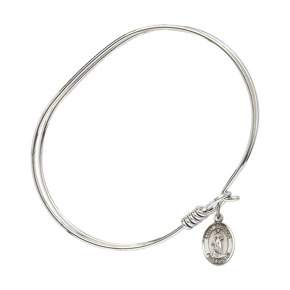 Adult 7" Oval Rhodium Plated Bangle Bracelet with St. Barbara Medal Charm - Image 3