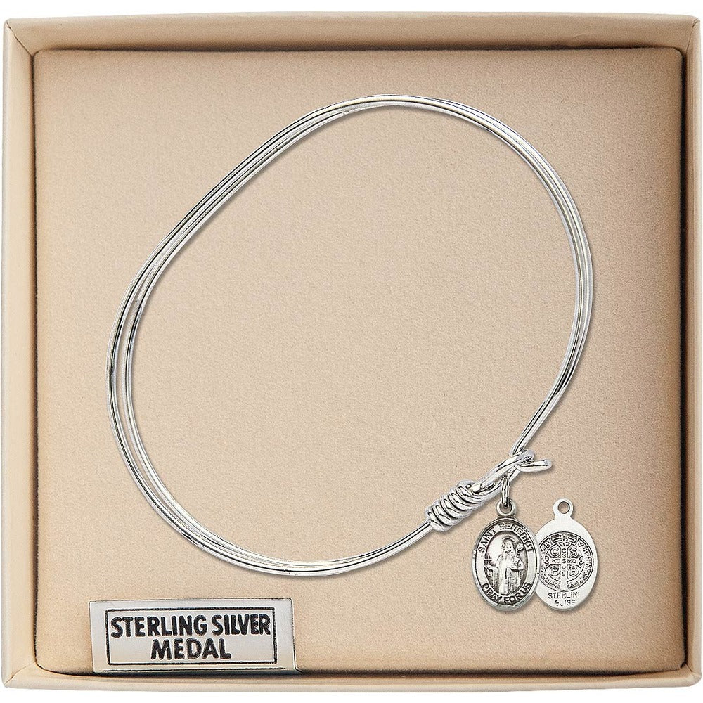 Adult 7" Oval Rhodium Plated Bangle Bracelet with St. Benedict Medal Charm - Image 3