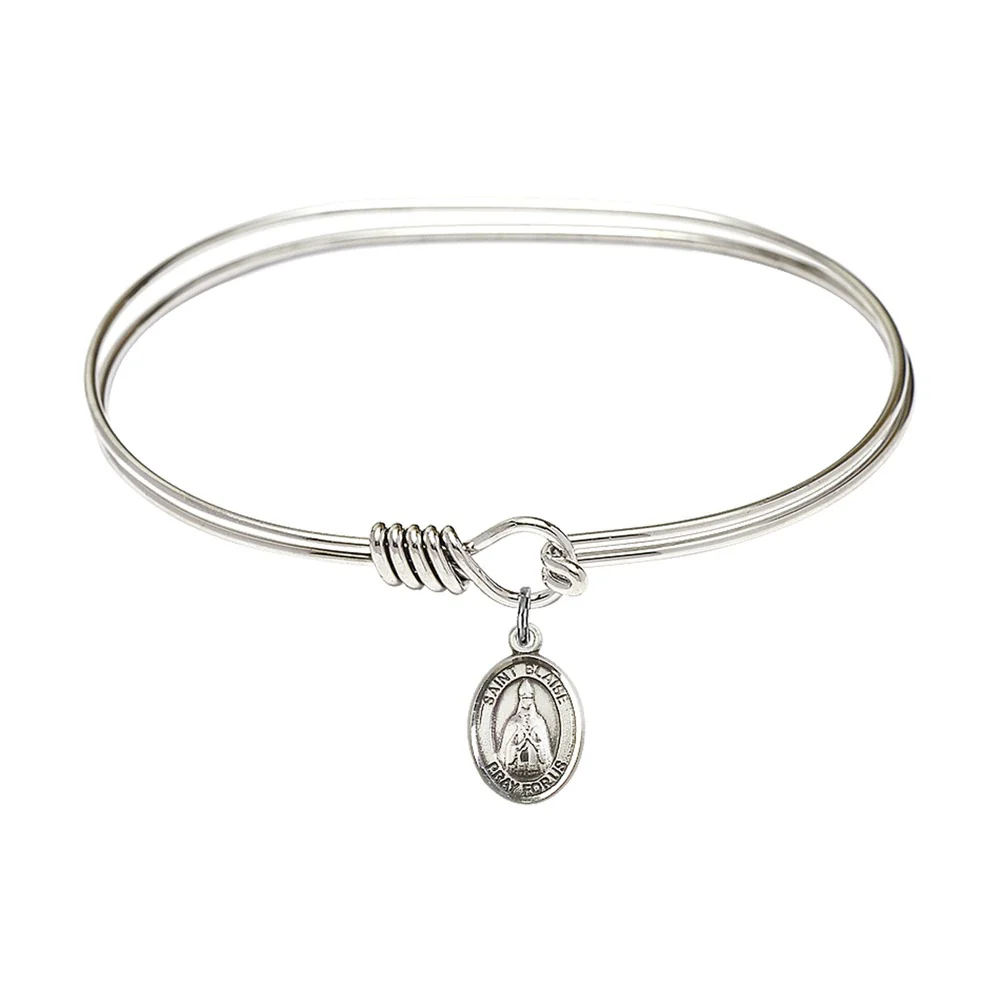 Adult 7" Oval Rhodium Plated Bangle Bracelet with St. Blaise Medal Charm