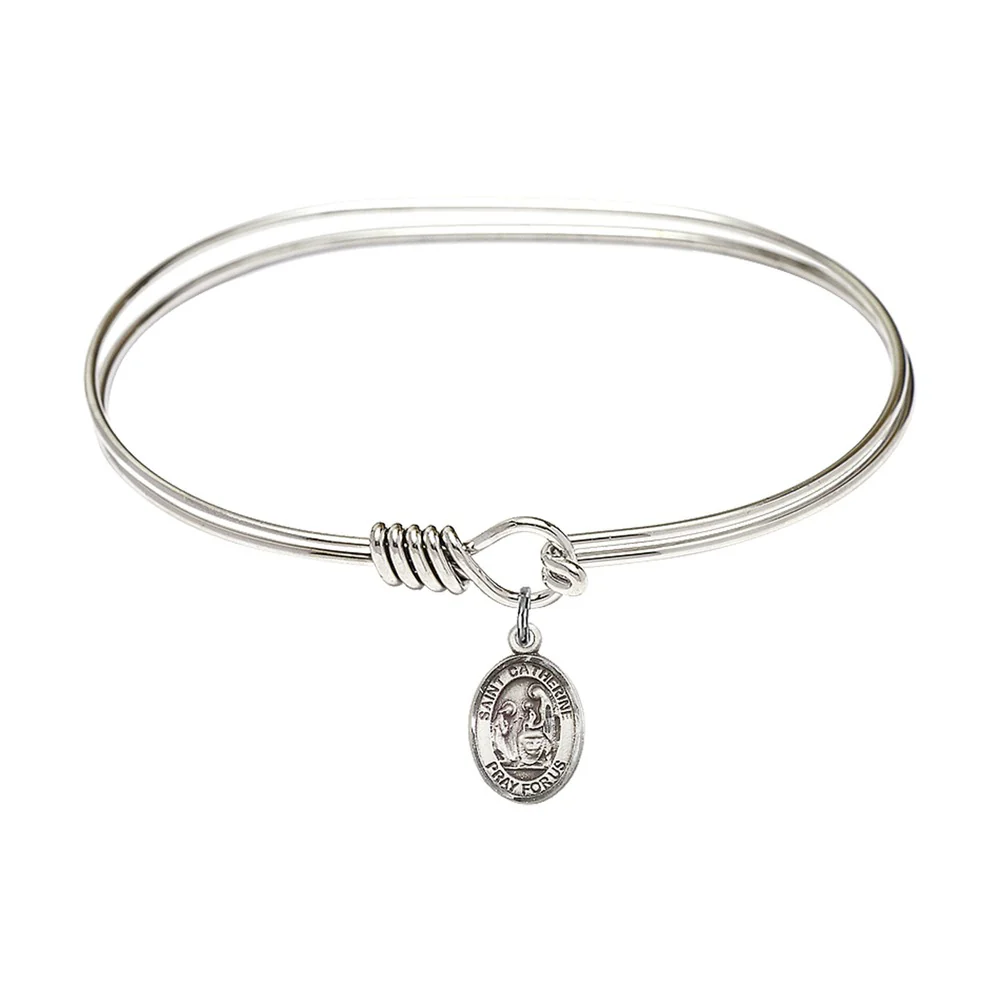 Adult 7" Oval Rhodium Plated Bangle Bracelet with St. Catherine of Siena Medal Charm