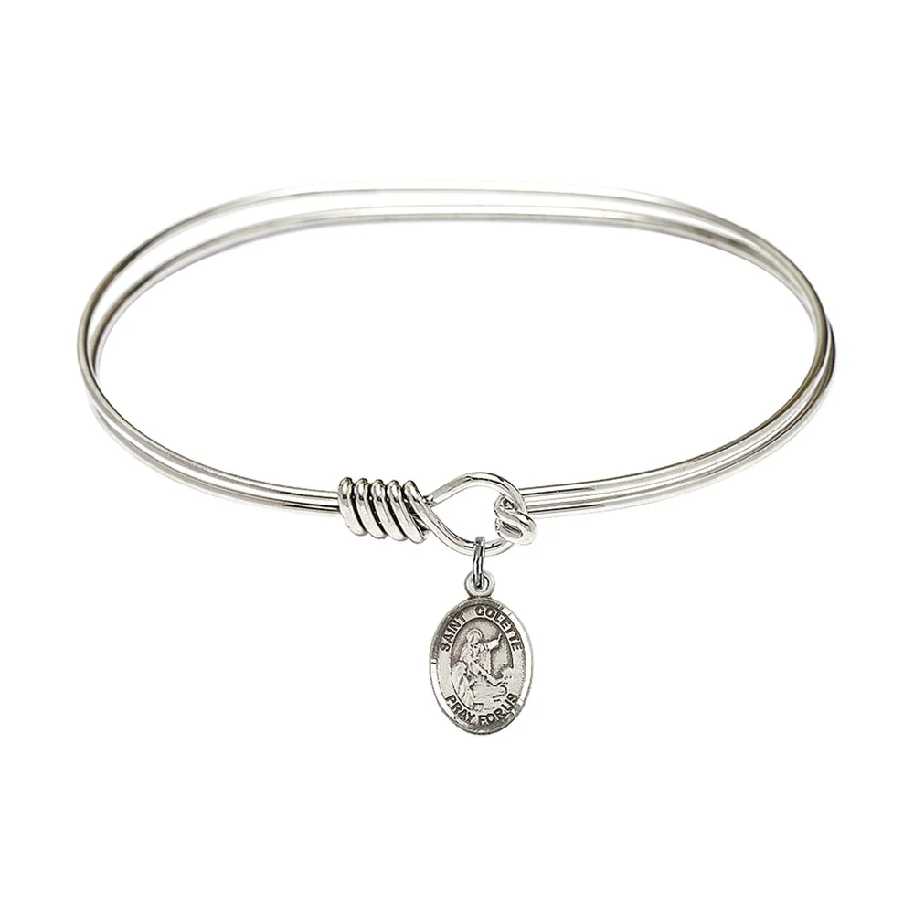 Adult 7" Oval Rhodium Plated Bangle Bracelet with St. Colette Medal Charm