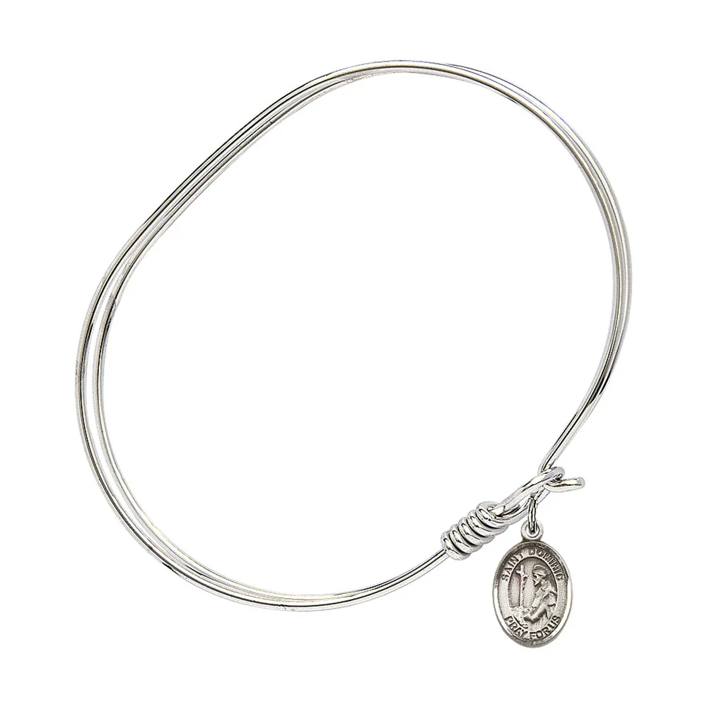 Adult 7" Oval Rhodium Plated Bangle Bracelet with St. Dominic de Guzman Medal Charm - Image 2