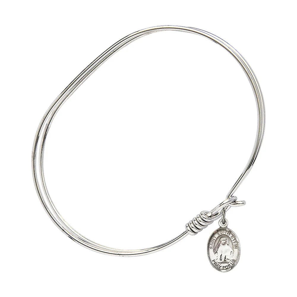 Adult 7" Oval Rhodium Plated Bangle Bracelet with St. Edith Stein Medal Charm - Image 2