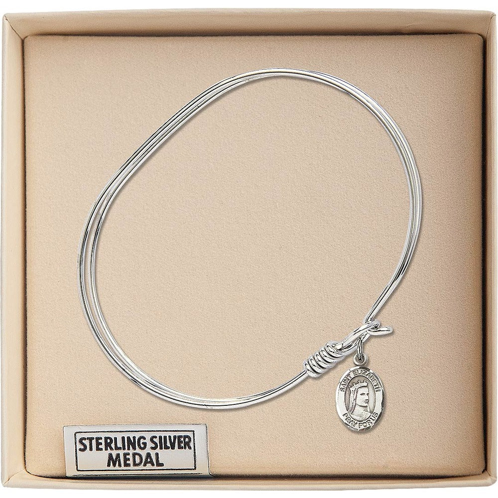 Adult 7" Oval Rhodium Plated Bangle Bracelet with St. Elizabeth of Hungary Medal Charm - Image 2