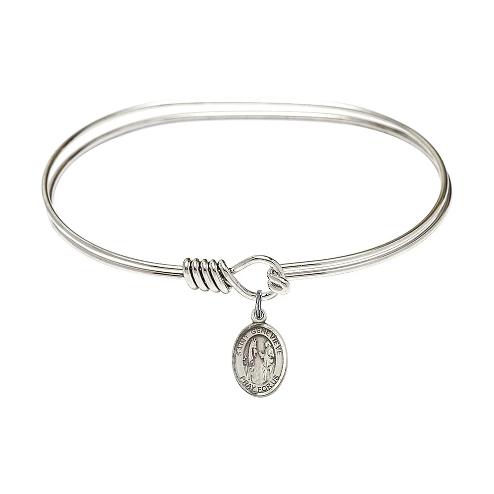Adult 7" Oval Rhodium Plated Bangle Bracelet with St. Genevieve Medal Charm