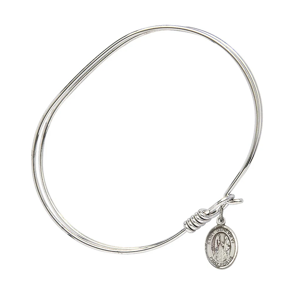 Adult 7" Oval Rhodium Plated Bangle Bracelet with St. Genevieve Medal Charm - Image 2