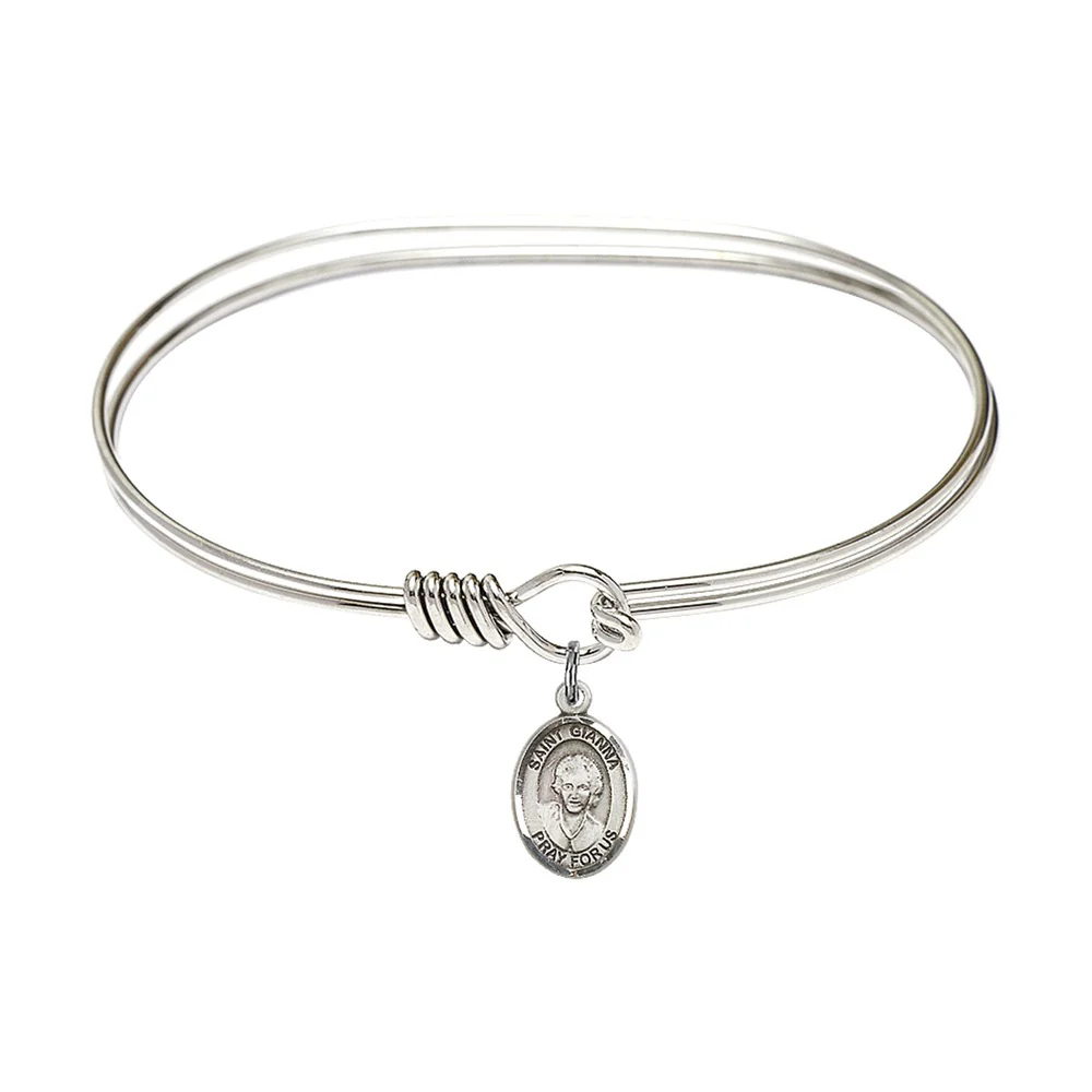 Adult 7" Oval Rhodium Plated Bangle Bracelet with St. Gianna Beretta Molla Medal Charm