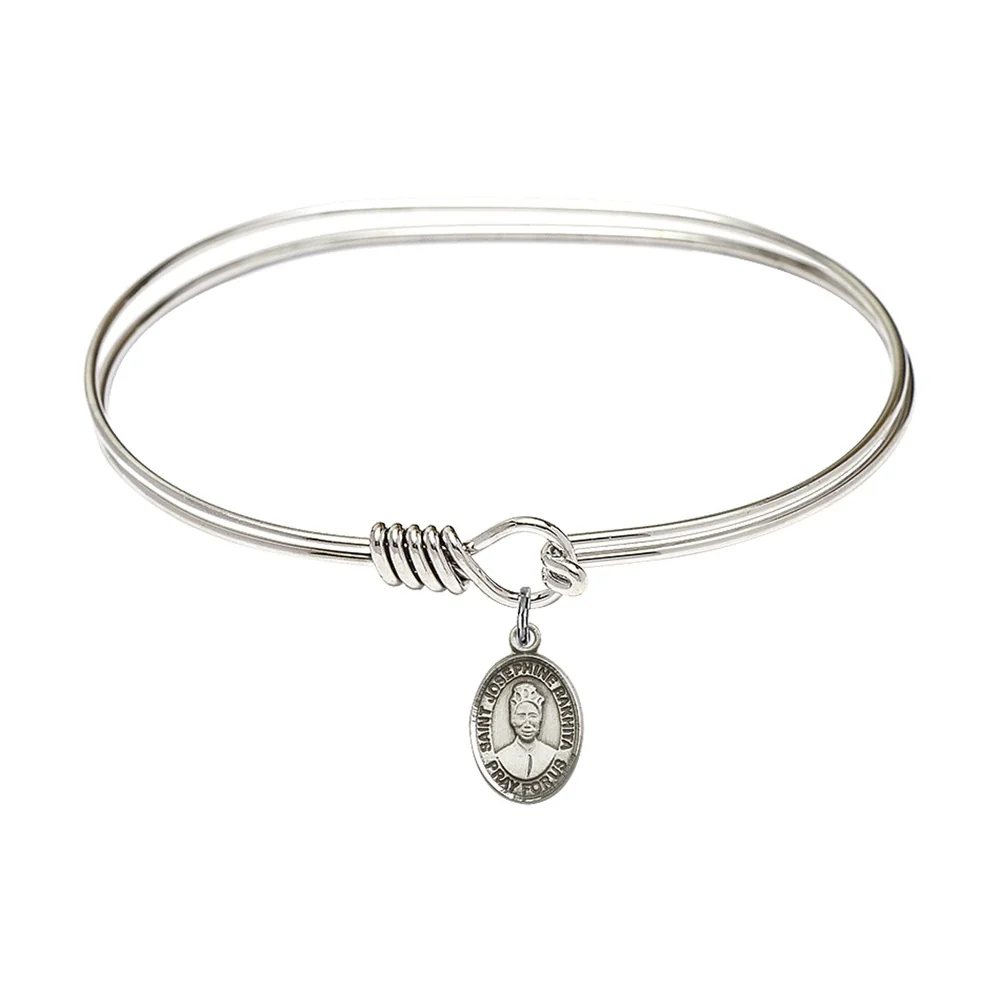 Adult 7" Oval  Rhodium Plated Bangle Bracelet with St. Josephine Bakhita Medal Charm