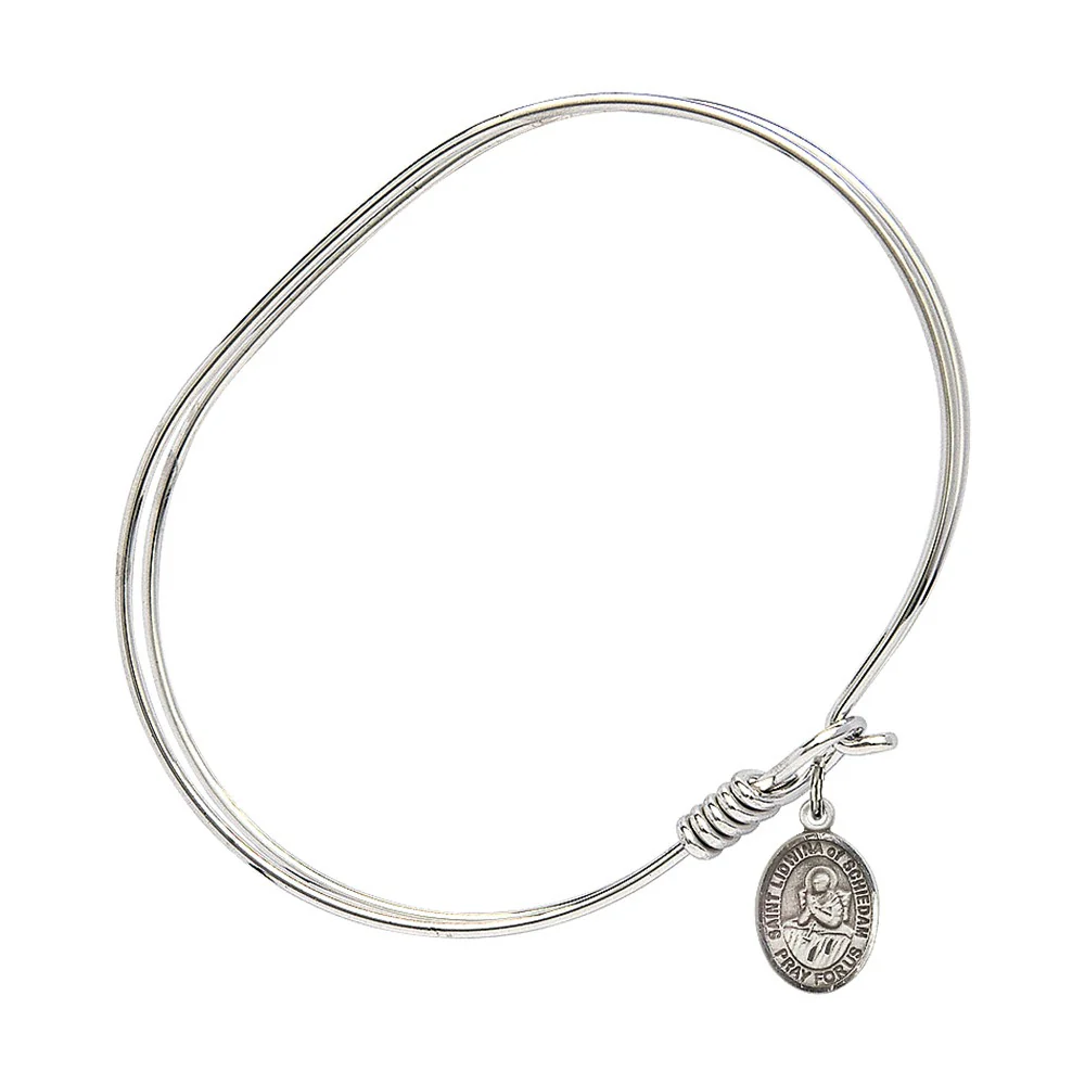 Adult 7" Oval Rhodium Plated Bangle Bracelet with St. Lidwina of Schiedam Medal Charm - Image 2