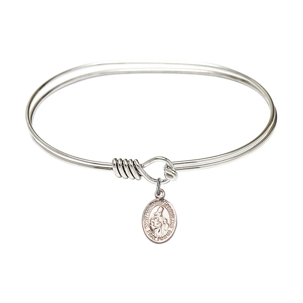 Adult 7" Oval Rhodium Plated Bangle Bracelet with St. Margaret of Scotland Medal Charm