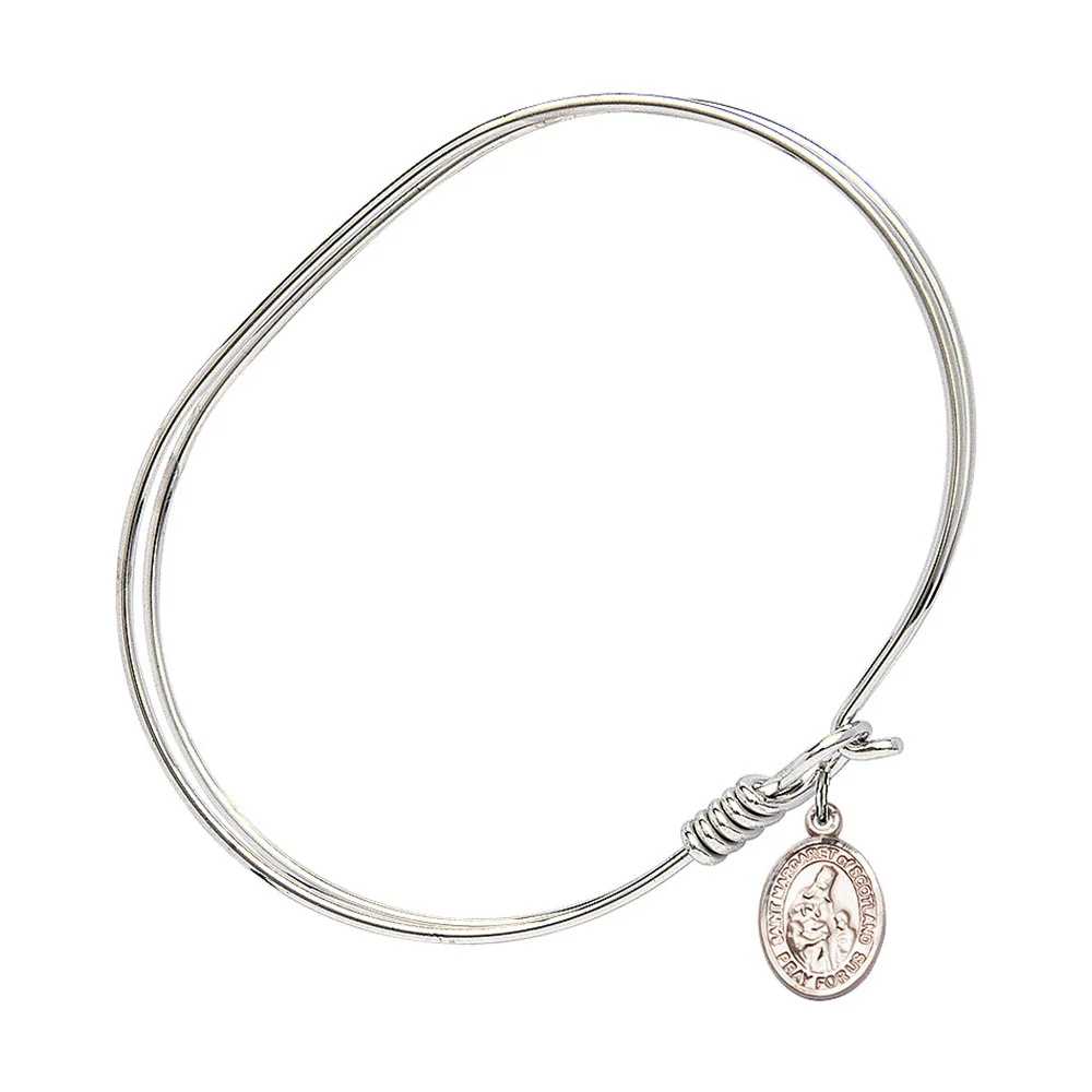 Adult 7" Oval Rhodium Plated Bangle Bracelet with St. Margaret of Scotland Medal Charm - Image 2