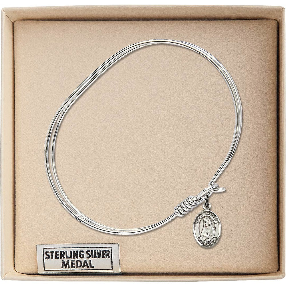 Adult 7" Oval Rhodium Plated Bangle Bracelet with St. Martha Medal Charm - Image 3