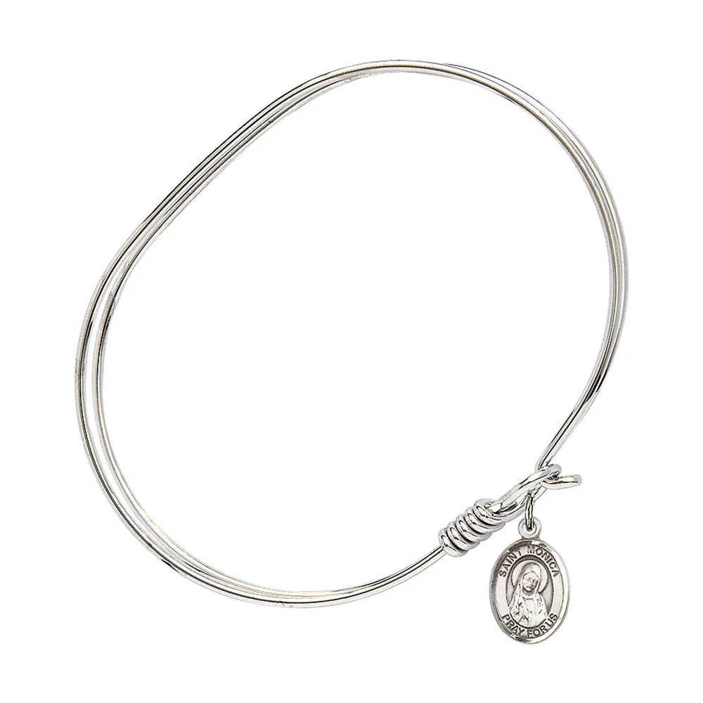 Adult 7" Oval Rhodium Plated Bangle Bracelet with St. Monica Medal Charm - Image 2