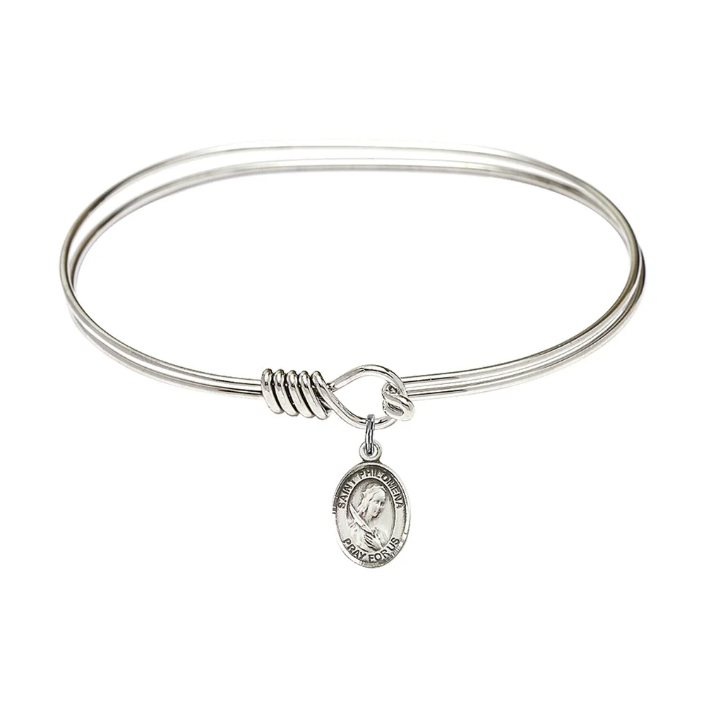 Adult 7" Oval Rhodium Plated Bangle Bracelet with St. Philomena Medal Charm
