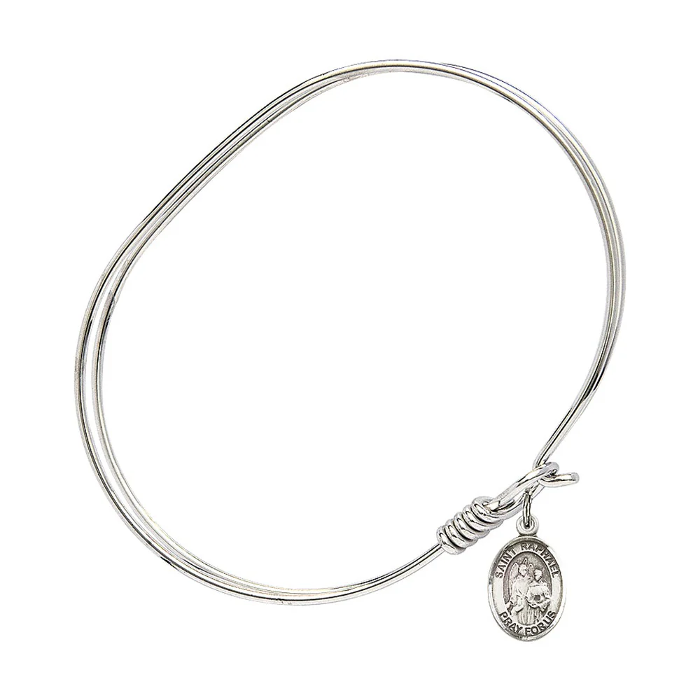Adult 7" Oval Rhodium Plated Bangle Bracelet with St. Raphael the Archangel Medal Charm - Image 2