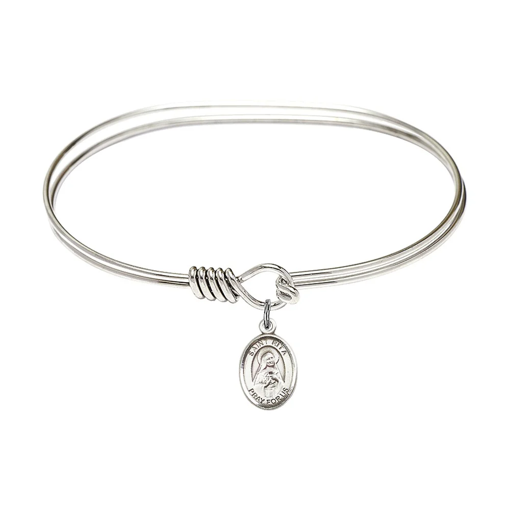 Adult 7" Oval Rhodium Plated Bangle Bracelet with St. Rita of Cascia Medal Charm