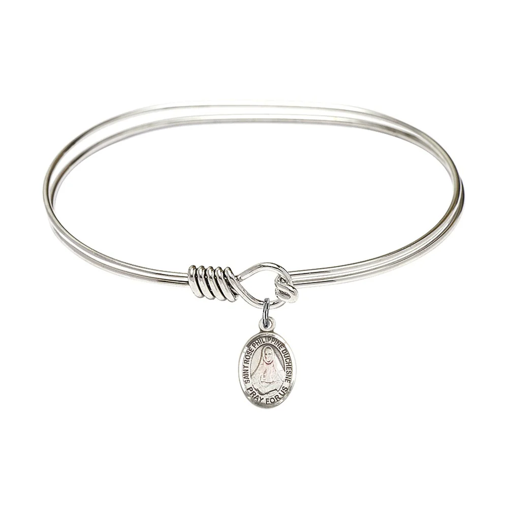 Adult 7" Oval Rhodium Plated Bangle Bracelet with St. Rose Philippine Duchesne Medal Charm