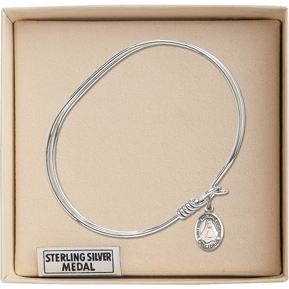 Adult 7" Oval Rhodium Plated Bangle Bracelet with St. Rose Philippine Duchesne Medal Charm - Image 3