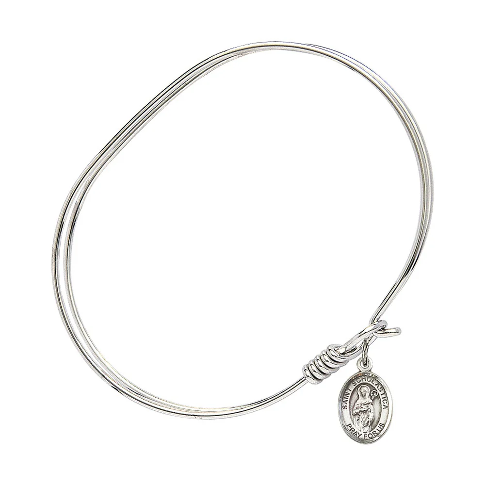 Adult 7" Oval Rhodium Plated Bangle Bracelet with St. Scholastica Medal Charm - Image 2