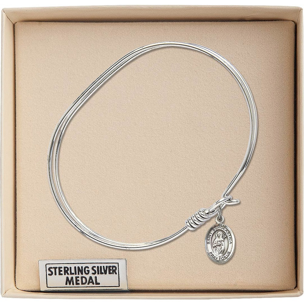 Adult 7" Oval Rhodium Plated Bangle Bracelet with St. Scholastica Medal Charm - Image 3