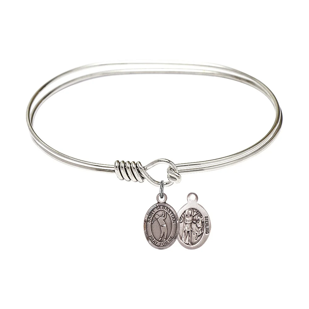 Adult 7" Oval  Rhodium Plated Bangle Bracelet with St. Sebastian/Golf Medal Charm