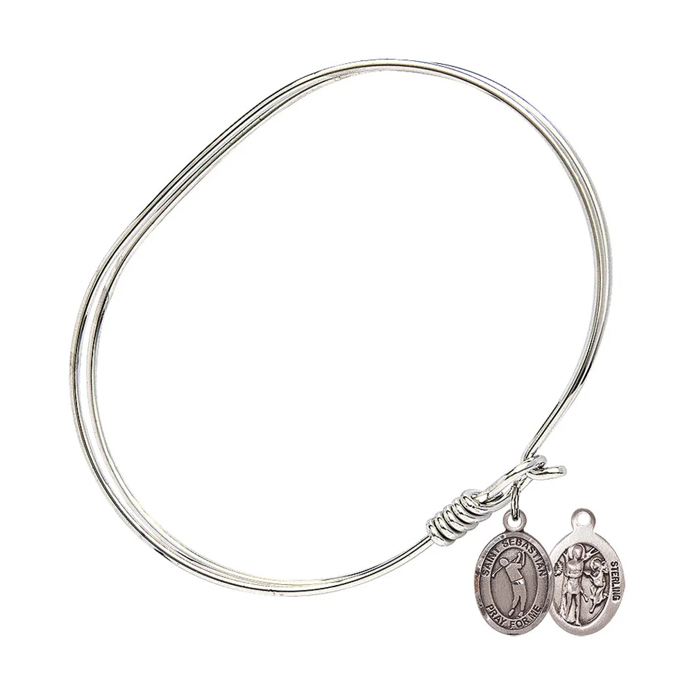 Adult 7" Oval  Rhodium Plated Bangle Bracelet with St. Sebastian/Golf Medal Charm - Image 2