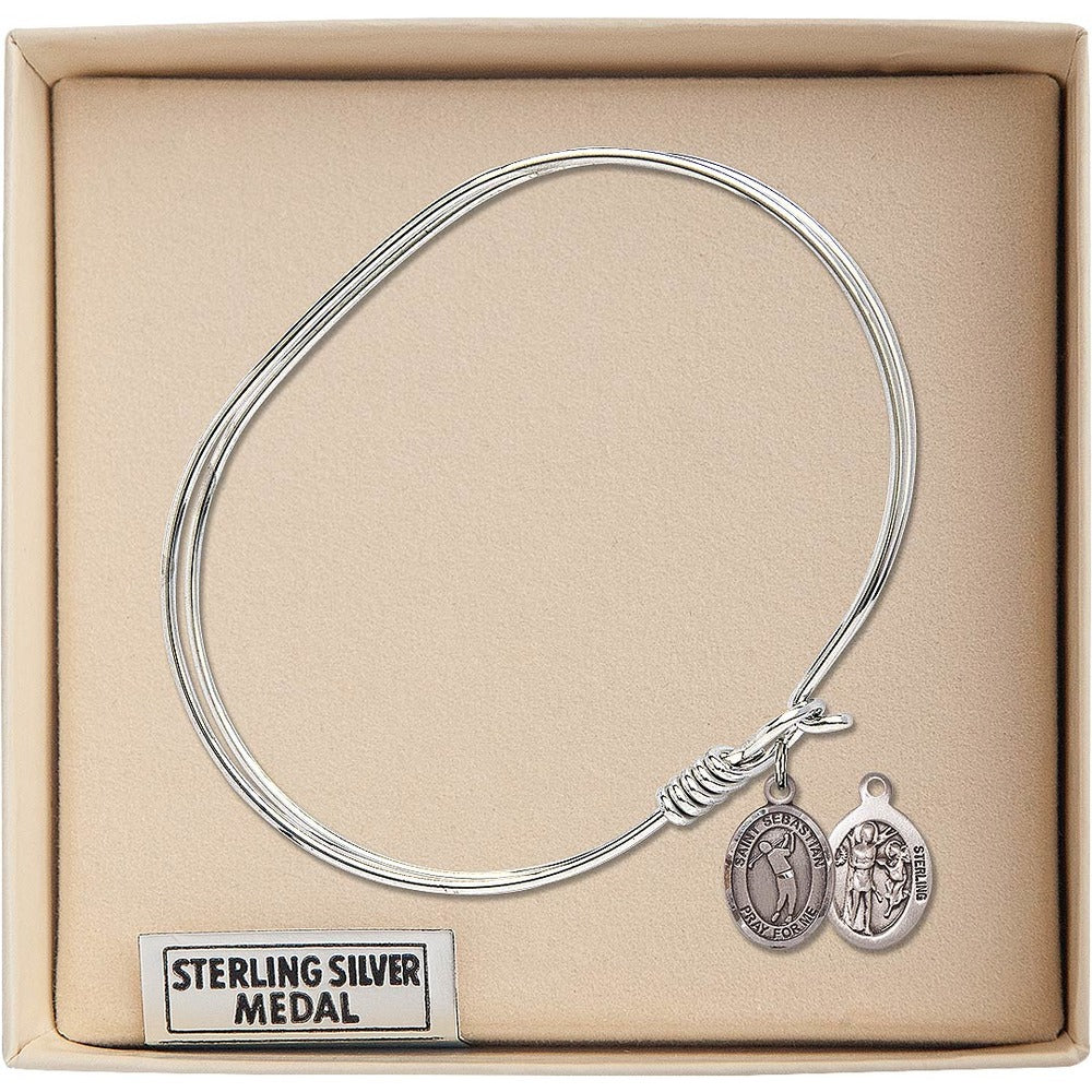 Adult 7" Oval  Rhodium Plated Bangle Bracelet with St. Sebastian/Golf Medal Charm - Image 3