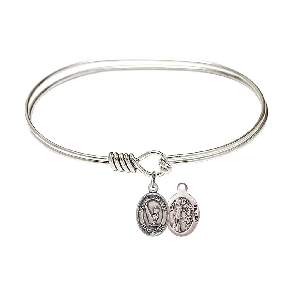 Adult 7" Oval Rhodium Plated Bangle Bracelet with St. Sebastian/Gymnastics Medal Charm