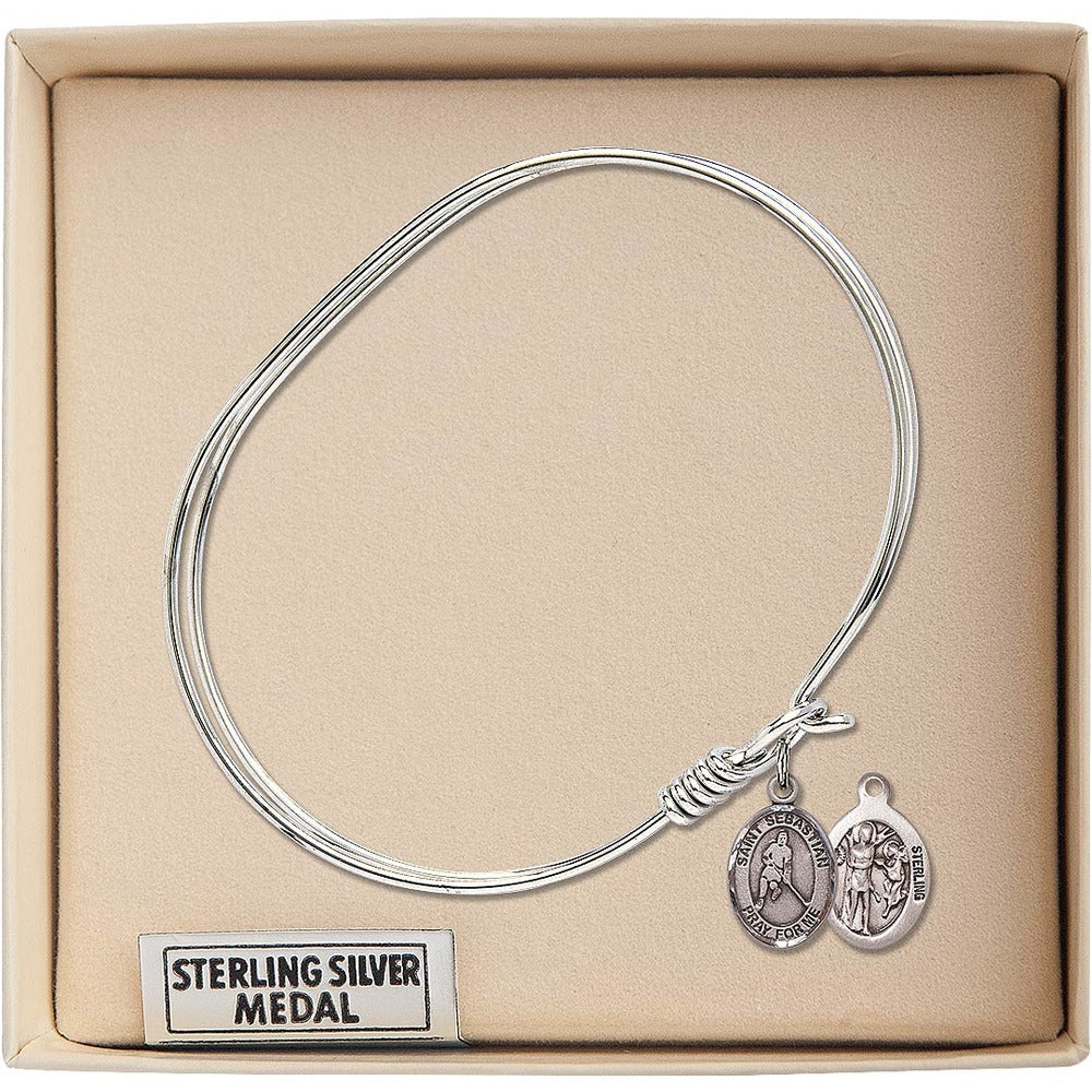 Adult 7" Oval Rhodium Plated Bangle Bracelet with St. Sebastian/Ice Hockey Medal Charm - Image 3